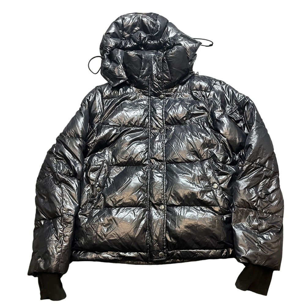 S13 New York‎ Jacket Shiny Black Hooded Puffer Down Full Zip Quilted Womens Med